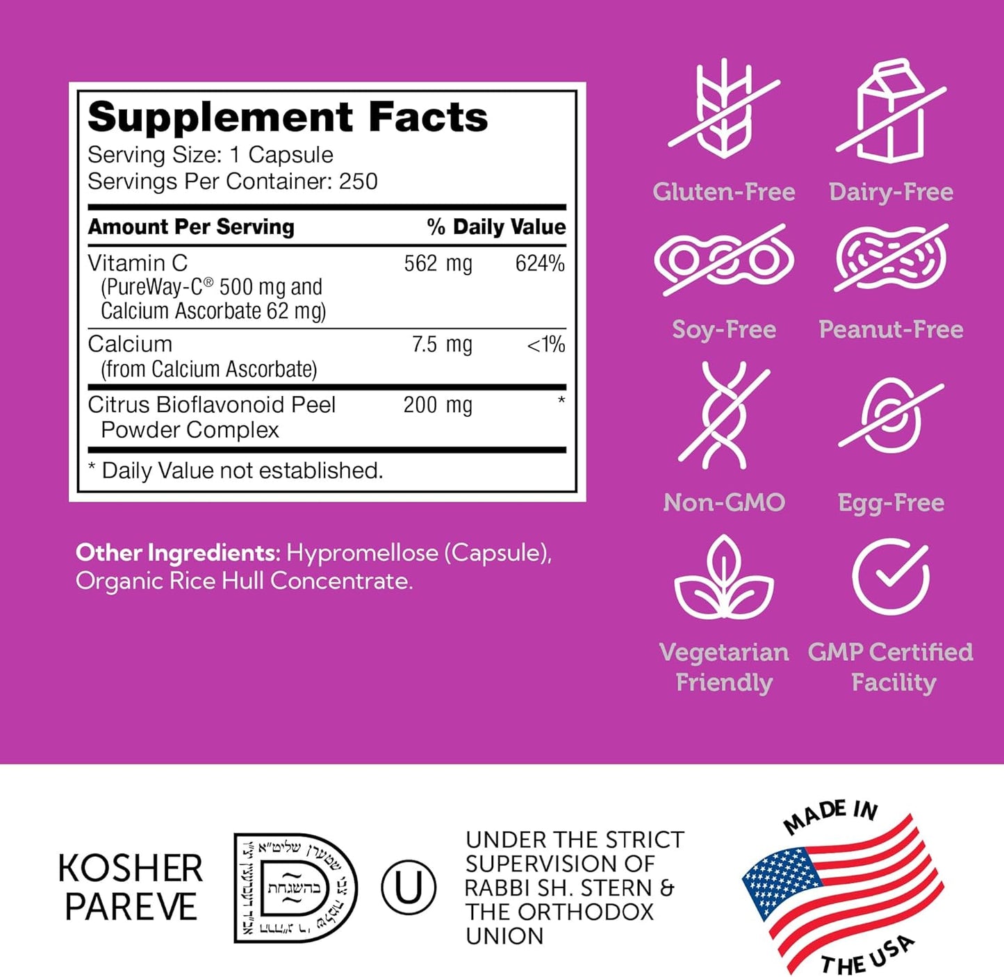 Vitamin C 500mg Capsules with Bioflavonoids - Gentle on Stomach - Immune Support - Gluten Free Non-GMO Supplement for Adults (250 Count) by Zahler