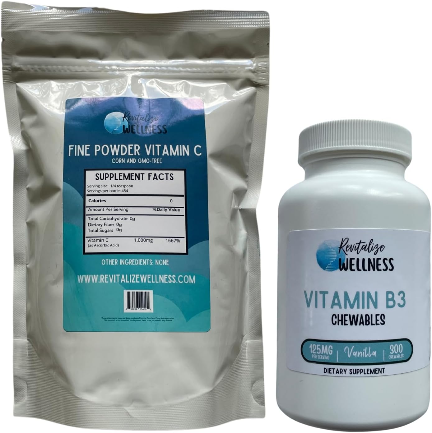 Vitamin C & B3 Wellness Bundle | Ascorbic Acid Powder & Chewables | 1000mg C, 125mg B3 | 1lb Bag & Vanilla Flavor | 300 Servings