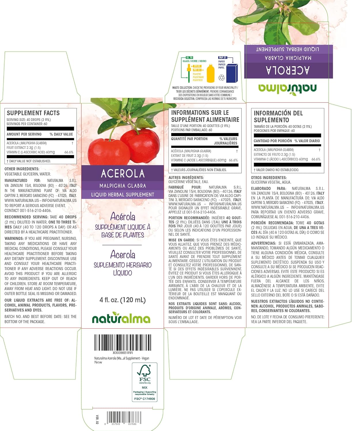 Vitamin C-Rich Acerola Fruit Tincture - 4 fl oz Liquid Extract - Alcohol-Free Herbal Supplement - Vegan Formula