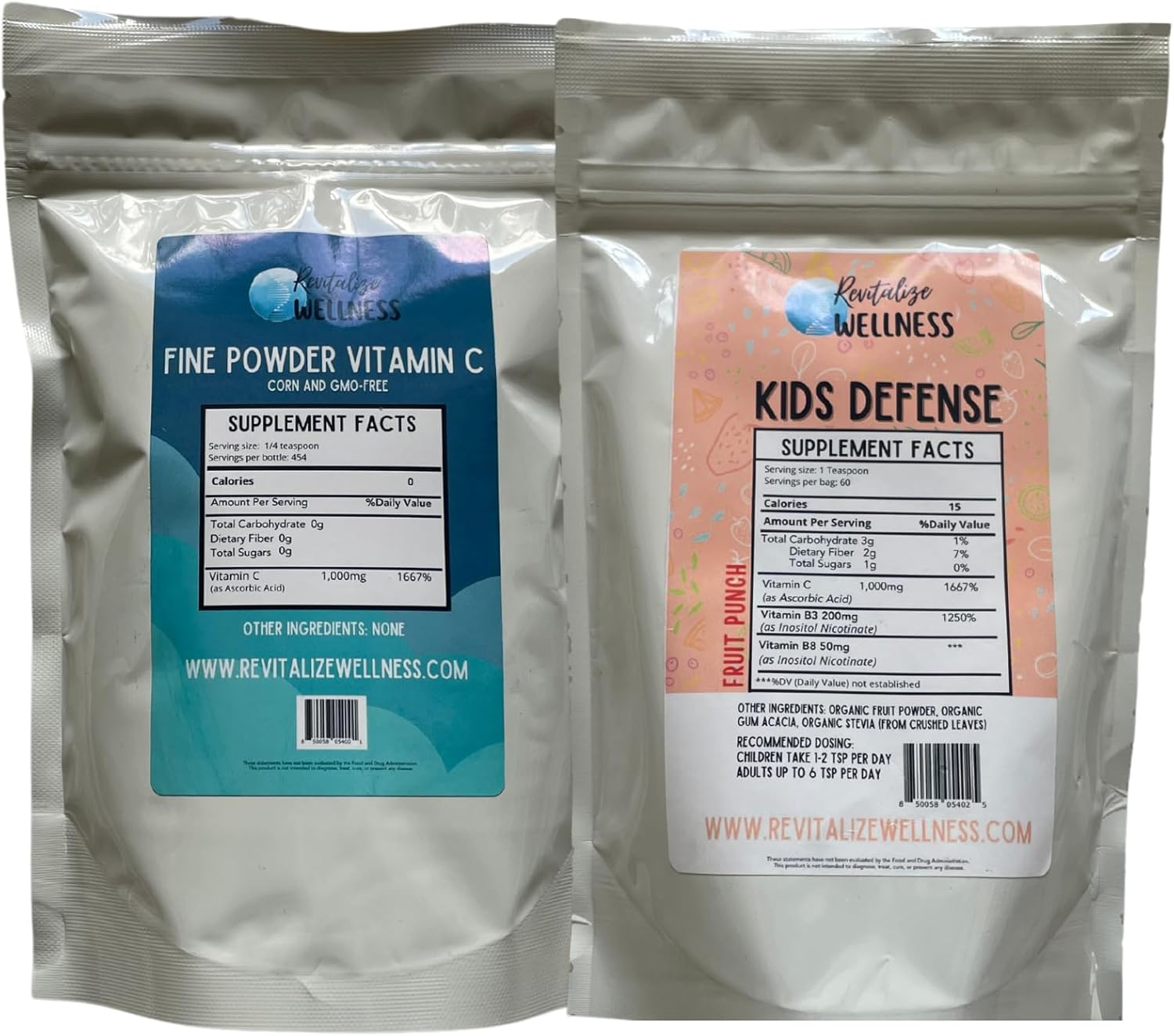 Vitamin C Wellness Bundle: 1 lb. Fine Powder Ascorbic Acid + Kids Defense Fruit Punch - 30 Servings