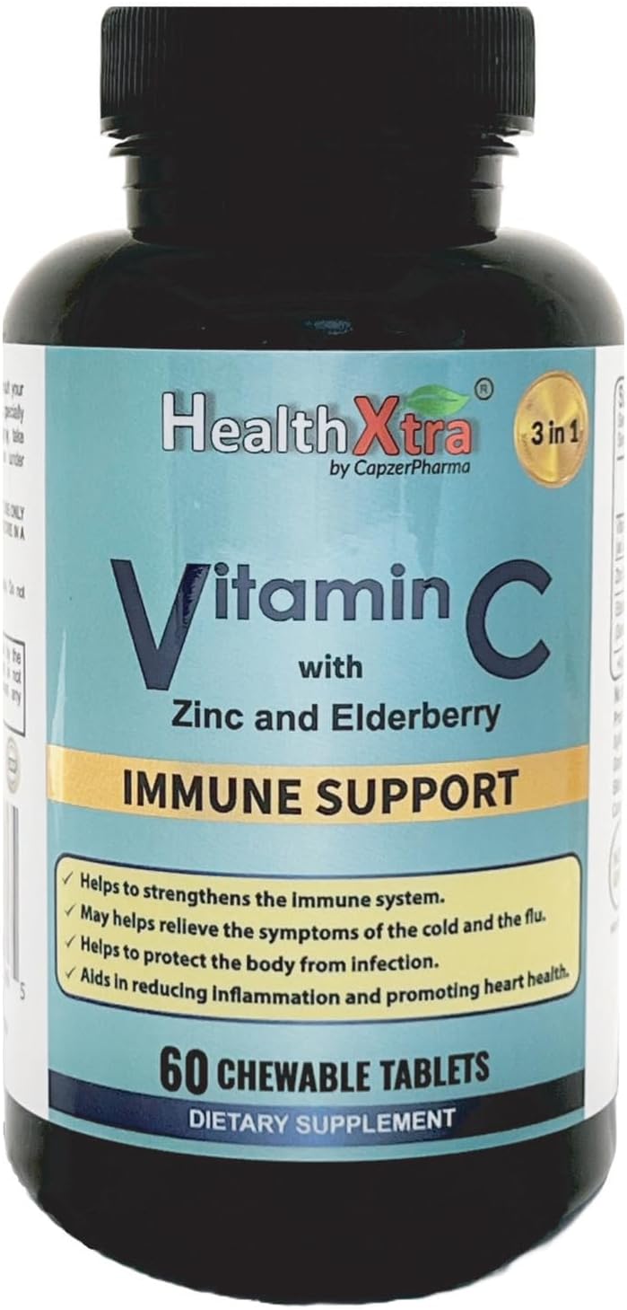 Vitamin C with Zinc and Elderberry Chewable Tablets - Immune Support, Antioxidant Properties, Heart Health - 60 Count