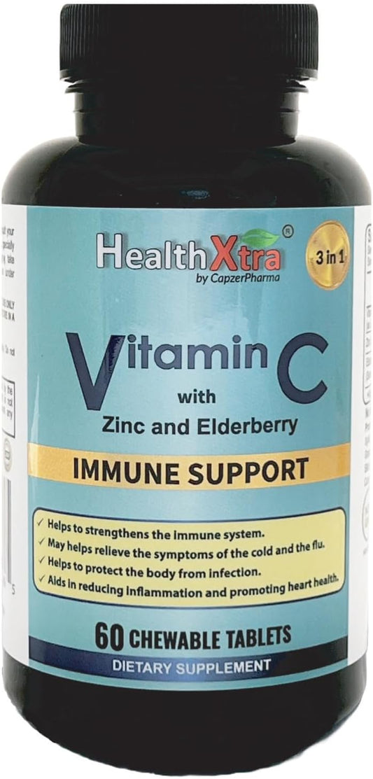 Vitamin C with Zinc and Elderberry Chewable Tablets - Immune Support, Antioxidant Properties, Heart Health - 60 Count