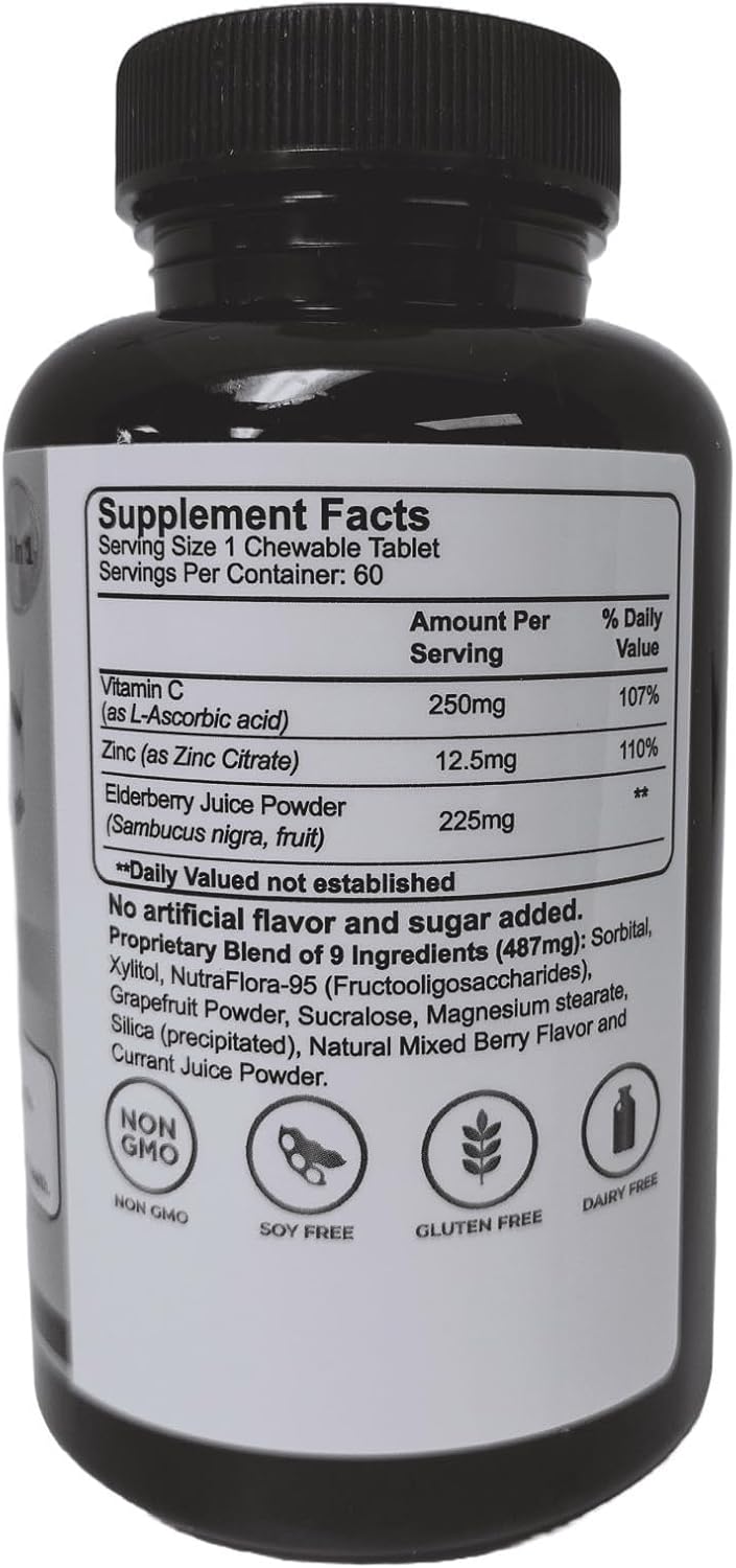 Vitamin C with Zinc and Elderberry Chewable Tablets - Immune Support, Antioxidant Properties, Heart Health - 60 Count