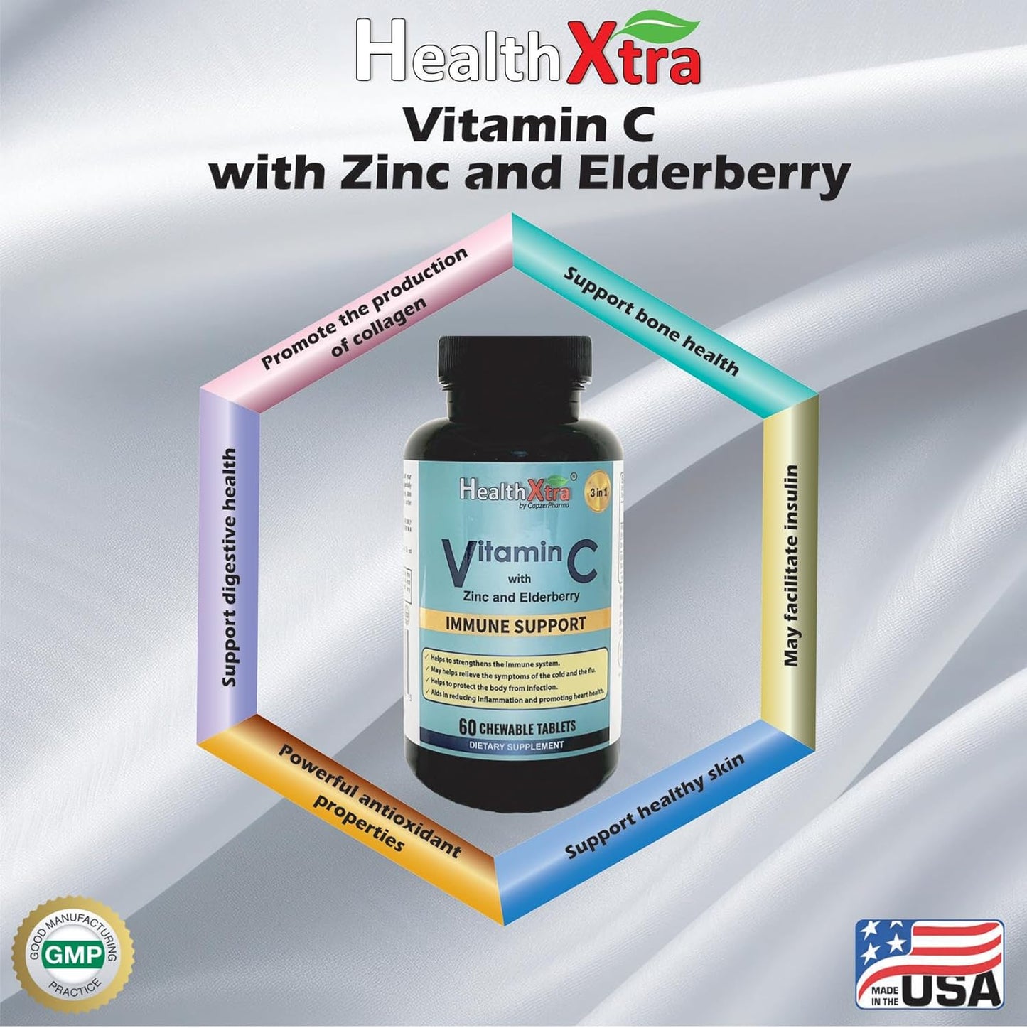 Vitamin C with Zinc and Elderberry Chewable Tablets - Immune Support, Antioxidant Properties, Heart Health - 60 Count