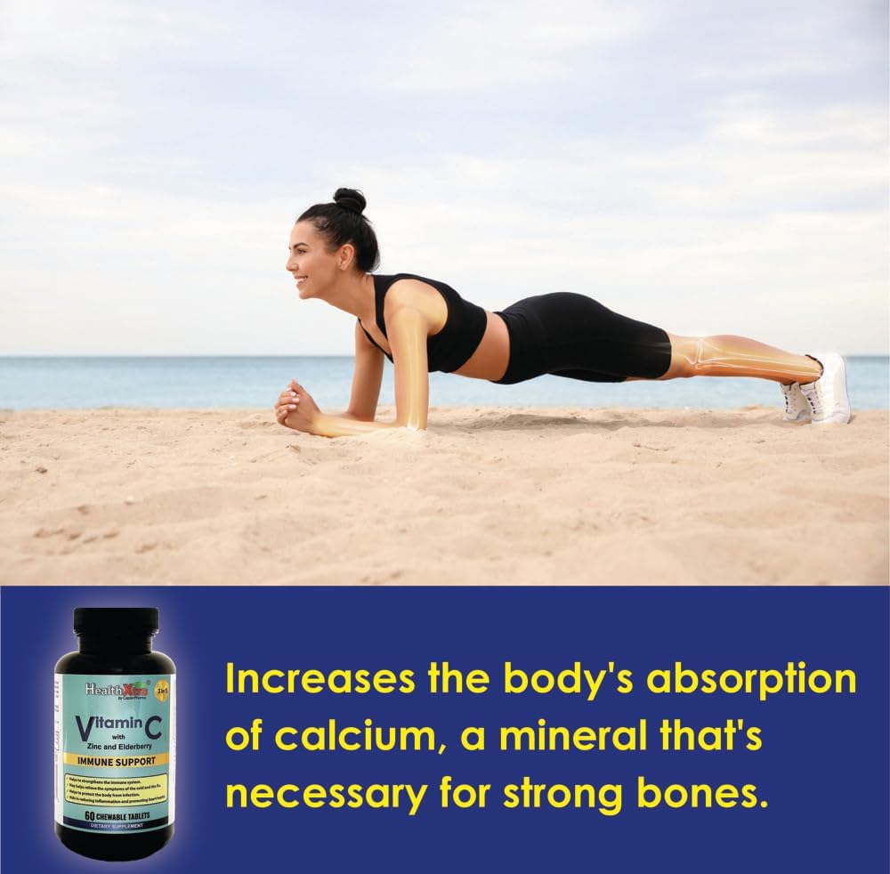 Vitamin C with Zinc and Elderberry Chewable Tablets - Immune Support, Antioxidant Properties, Heart Health - 60 Count