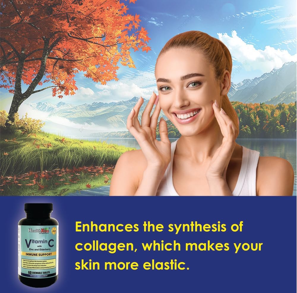 Vitamin C with Zinc and Elderberry Chewable Tablets - Immune Support, Antioxidant Properties, Heart Health - 60 Count