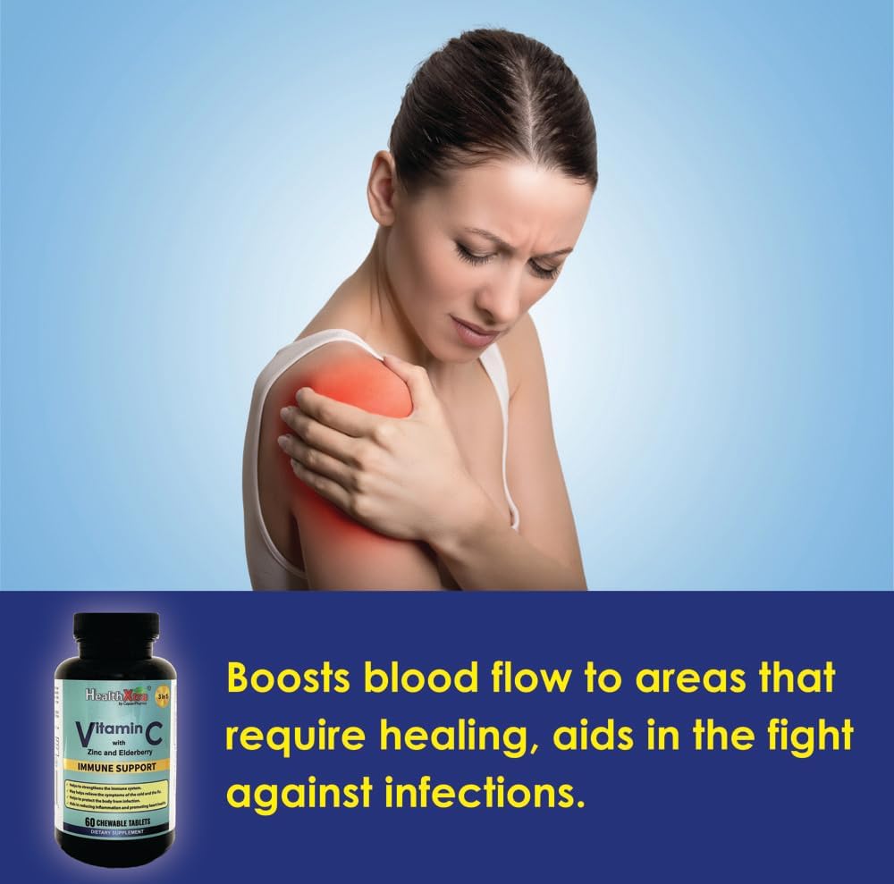 Vitamin C with Zinc and Elderberry Chewable Tablets - Immune Support, Antioxidant Properties, Heart Health - 60 Count