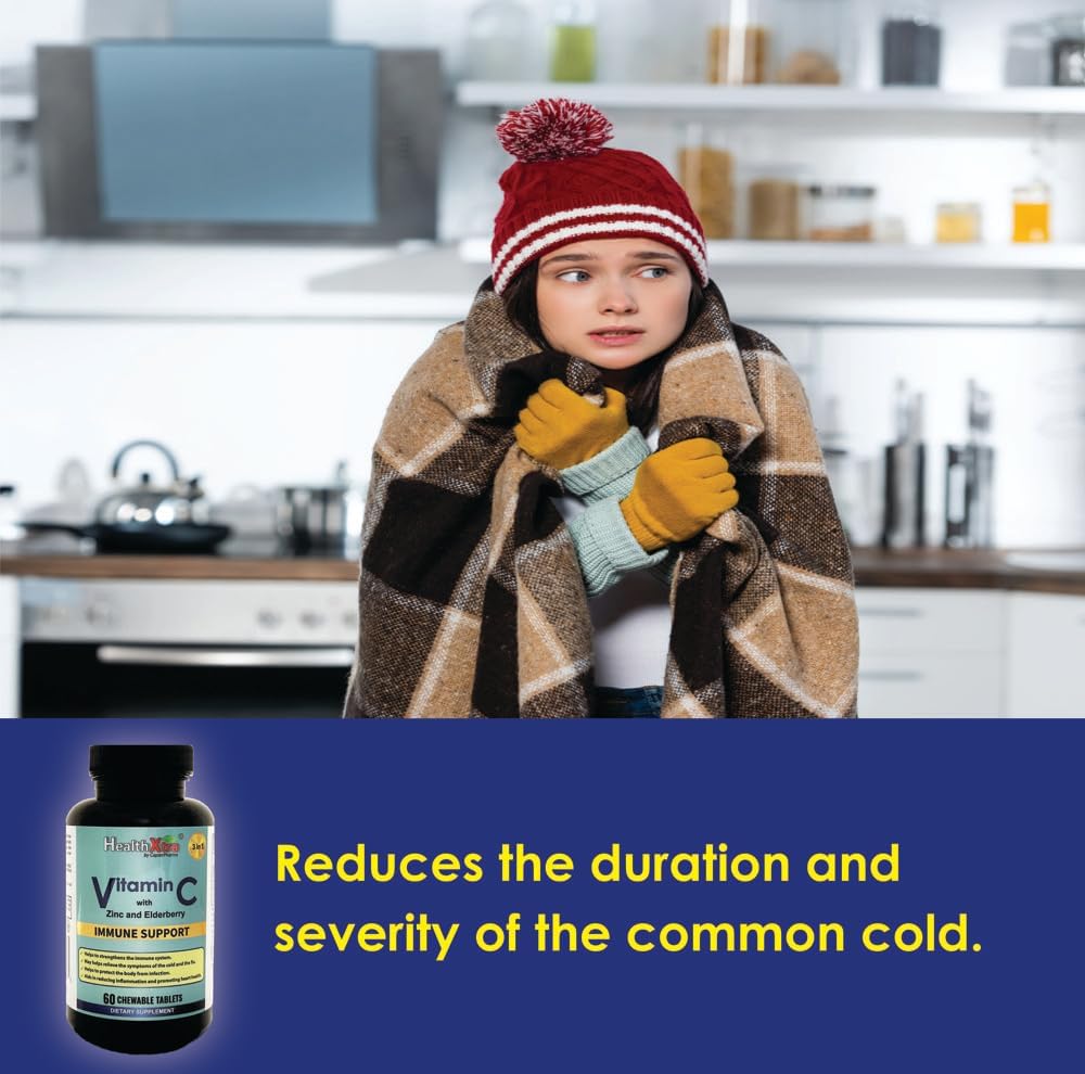 Vitamin C with Zinc and Elderberry Chewable Tablets - Immune Support, Antioxidant Properties, Heart Health - 60 Count