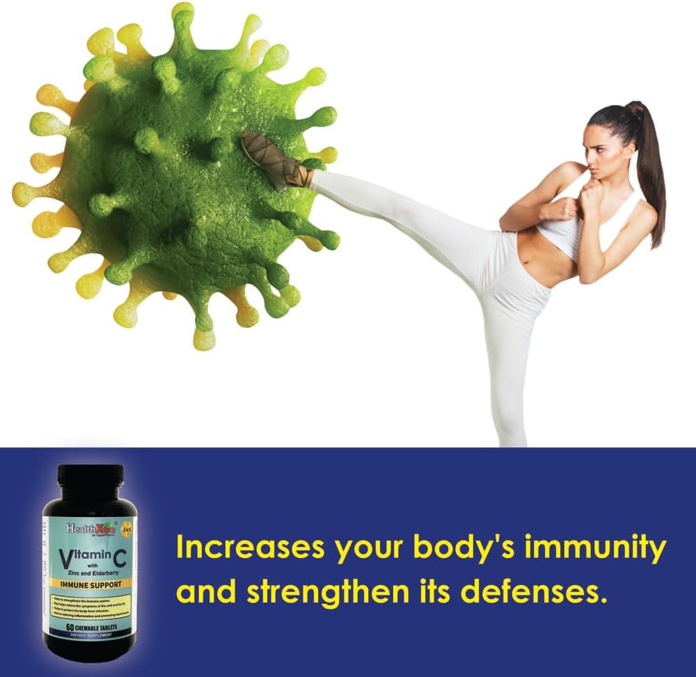 Vitamin C with Zinc and Elderberry Chewable Tablets - Immune Support, Antioxidant Properties, Heart Health - 60 Count