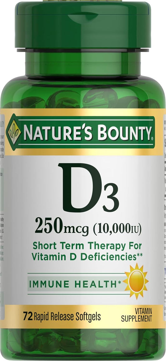 Vitamin D Softgels 10000IU for Immune Support and Bone Health, Multi-Color, 72 Count