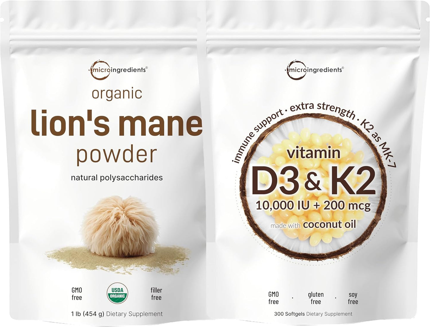 Vitamin D3 10,000iu + K2 200mcg Coconut Oil Softgels & Lions Mane Mushroom Supplement Bundle - 2 Pack for Brain, Energy & Immunity | Natural Superfood with Essential Sunshine Vitamins