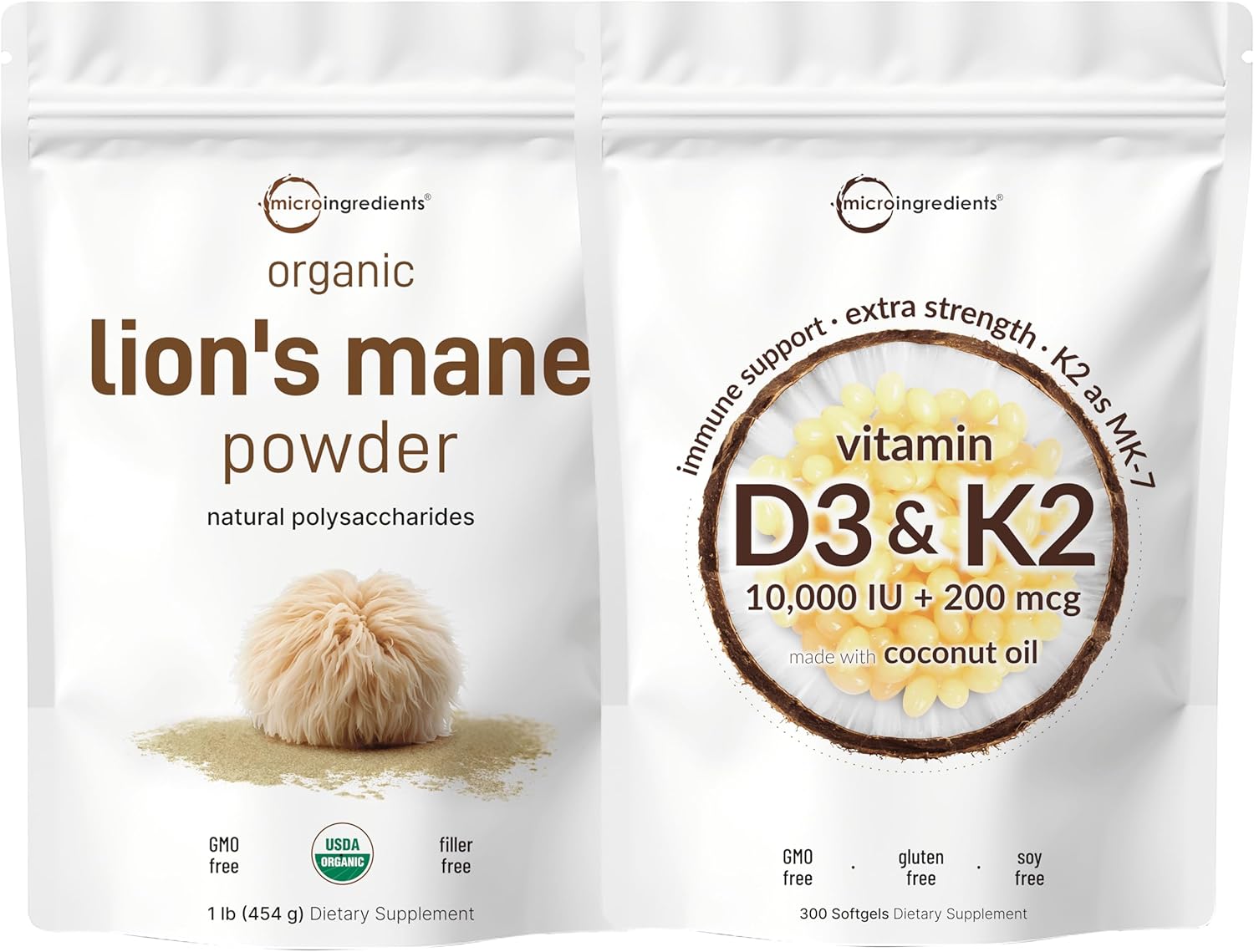 Vitamin D3 10,000iu + K2 200mcg Coconut Oil Softgels & Lions Mane Mushroom Supplement Bundle - 2 Pack for Brain, Energy & Immunity | Natural Superfood with Essential Sunshine Vitamins
