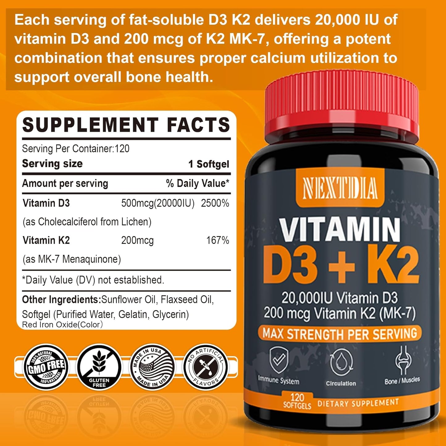 Vitamin D3 20,000 IU + Vitamin K2( MK7 )200mcg Softgel - Strong Bones & Muscles, Immune Support, Non GMO - Nextdia