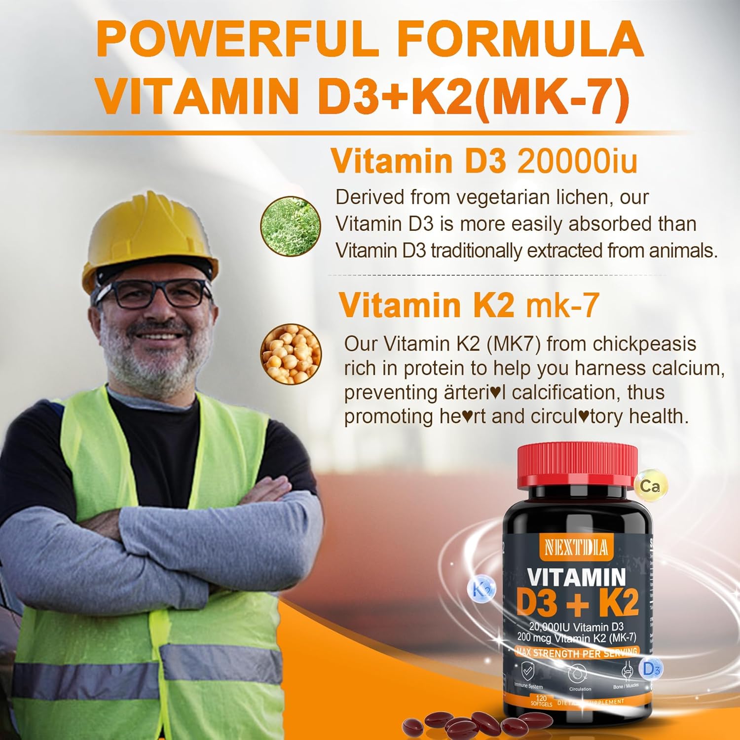 Vitamin D3 20,000 IU + Vitamin K2( MK7 )200mcg Softgel - Strong Bones & Muscles, Immune Support, Non GMO - Nextdia