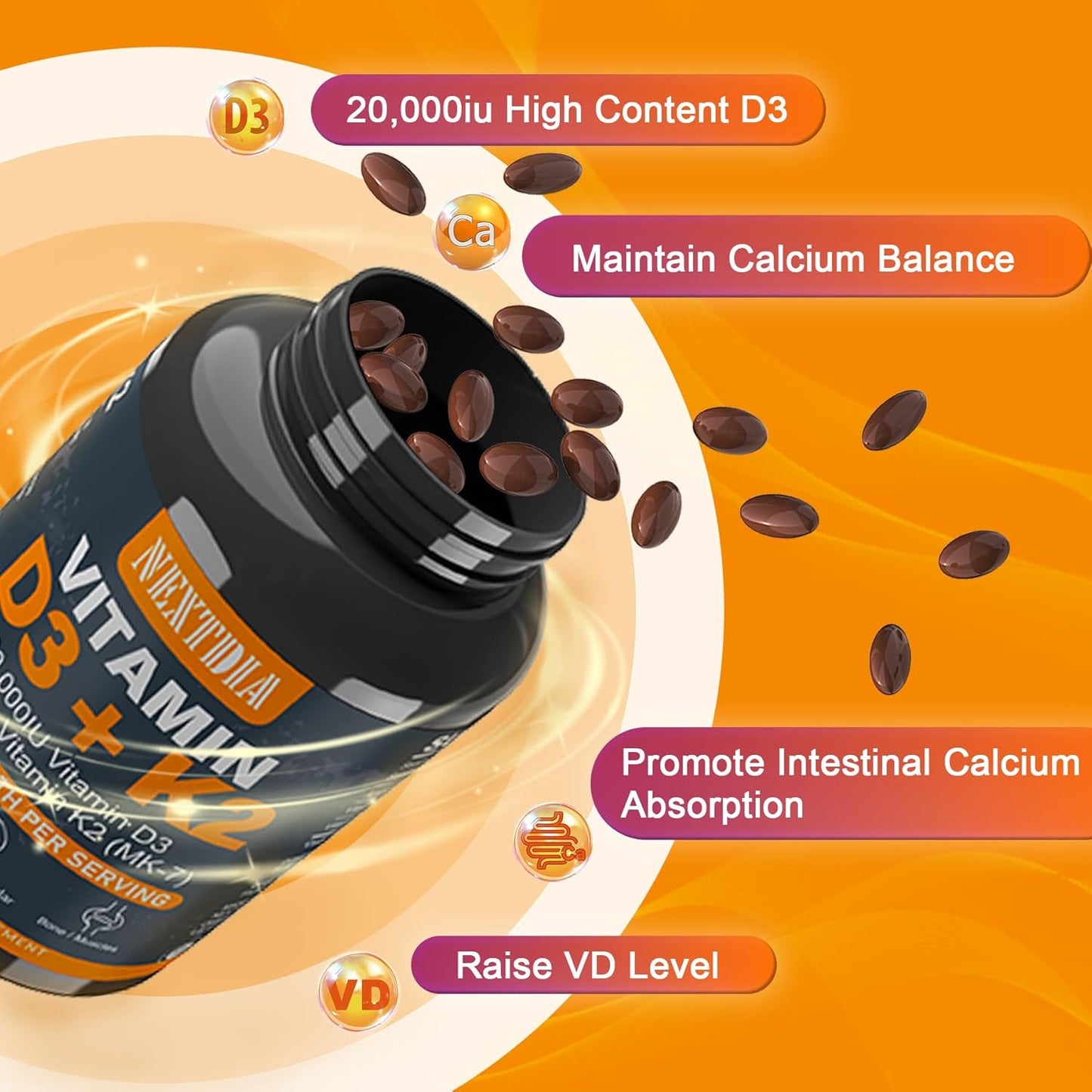 Vitamin D3 20,000 IU + Vitamin K2( MK7 )200mcg Softgel - Strong Bones & Muscles, Immune Support, Non GMO - Nextdia