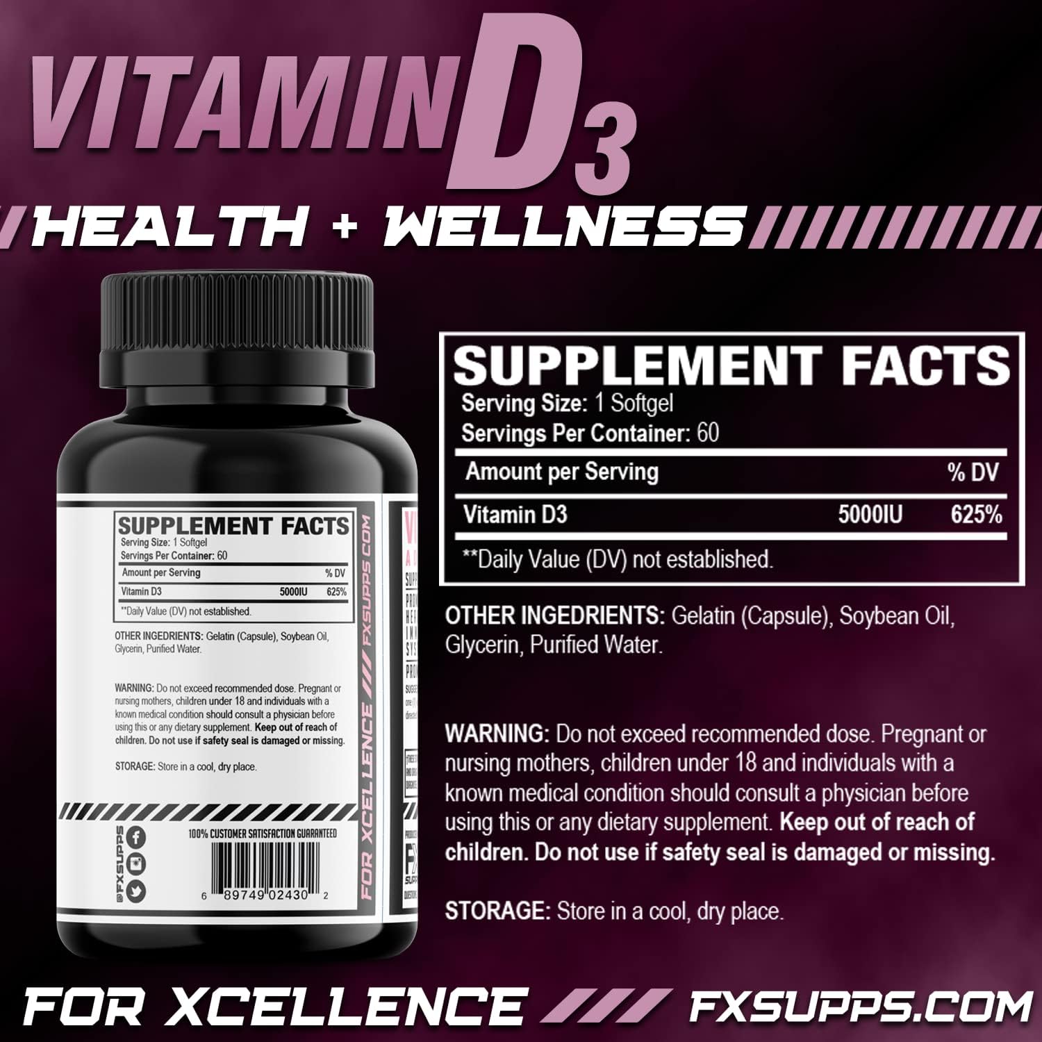 Vitamin D3 5000 IU Softgels (60 Count) for Bone, Heart Health & Immune System - Men & Women's Dietary Supplement
