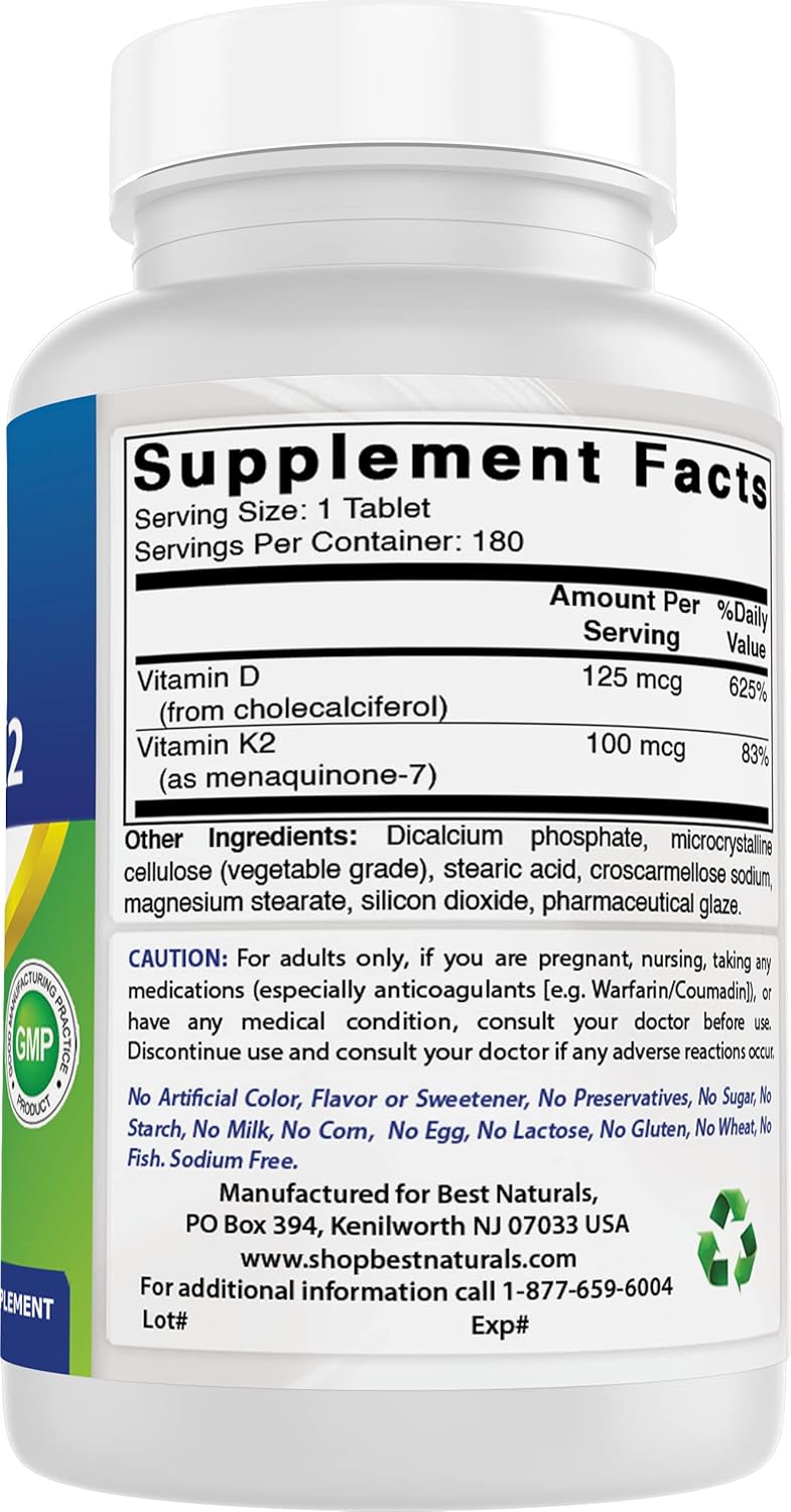 Vitamin D3 and K2 (MK7) Supplement for Bone and Heart Health - 180 Tablets, 5000 IU D3 & 100 mcg K2 MK7