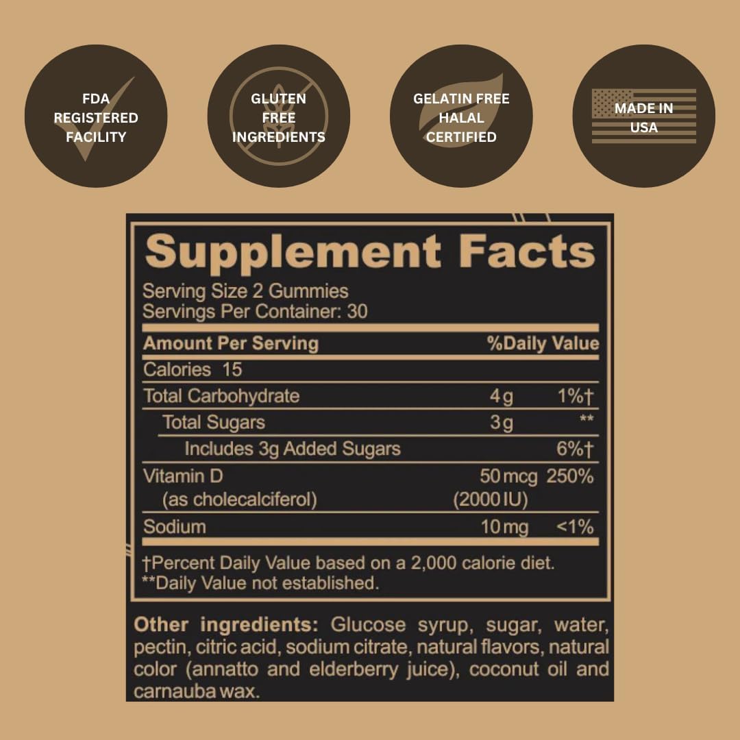 Vitamin D3 Gummies for Black Girls - Immune, Energy, and Bone Support, 2000IU per Serving, Gluten-Free, 60ct