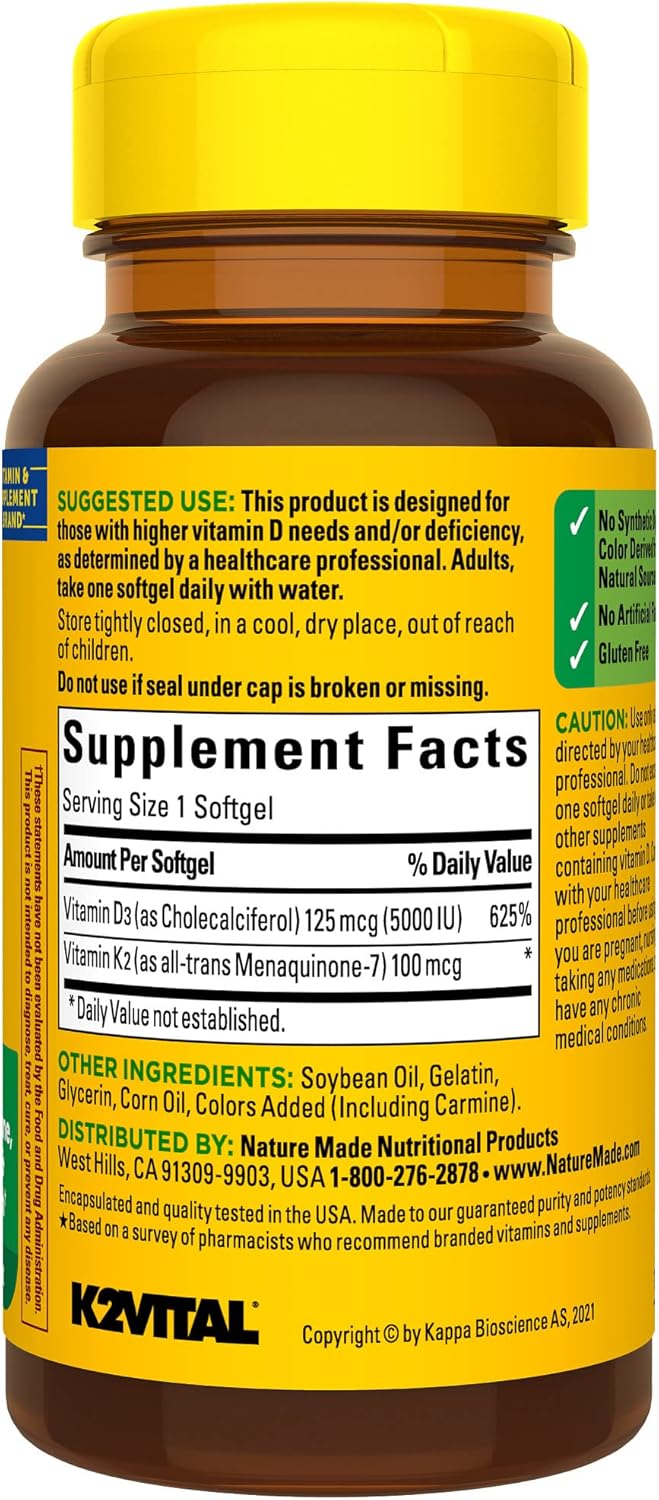 Vitamin D3 K2 5000 IU Softgels for Bone, Teeth, Muscle, Immune Health - 30 Day Supply