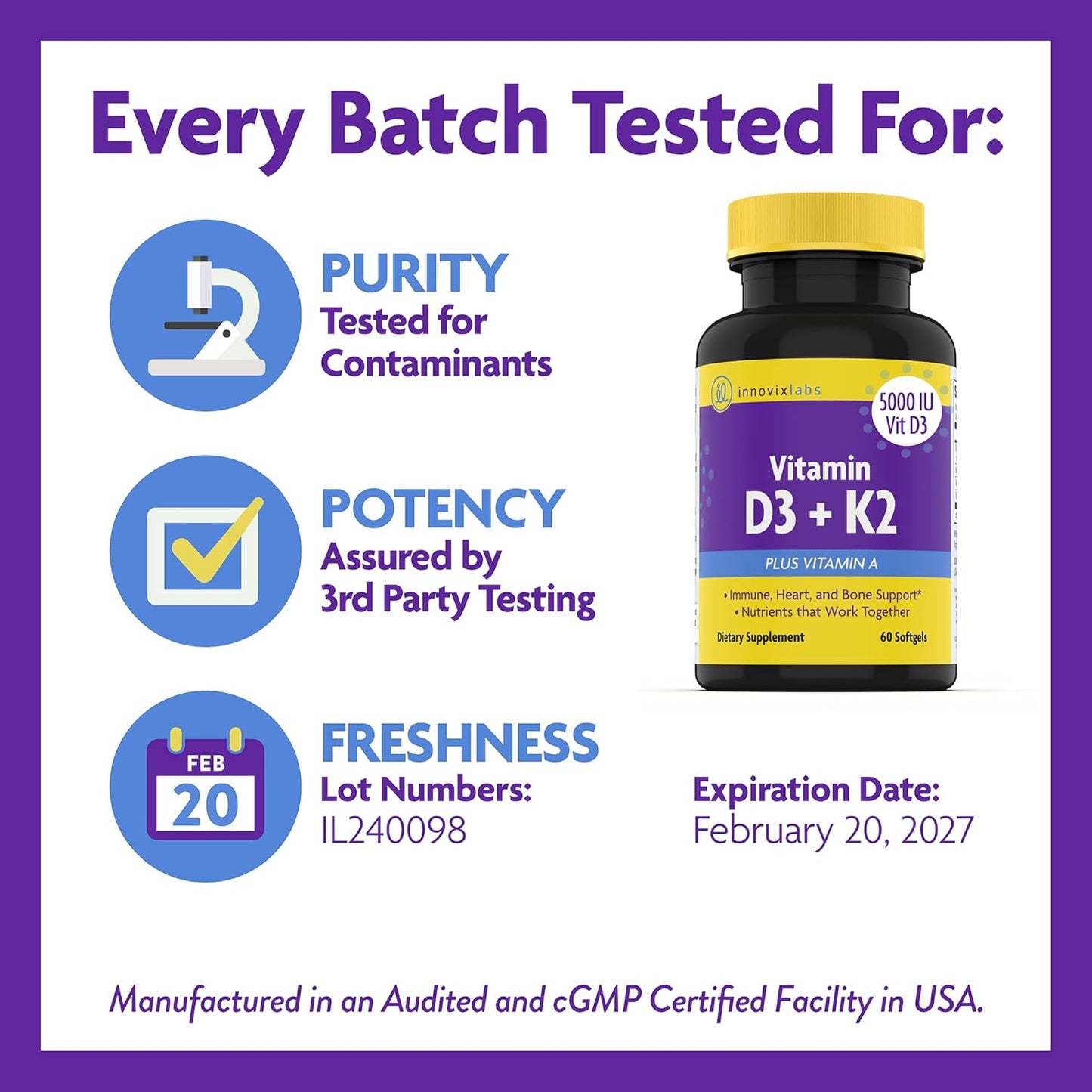 Vitamin D3 K2-5000 IU with Vitamin K2 MK4 and MK7 for Bone, Immune, and Heart Health - 60 Softgels, Gluten Free, 3rd Party Tested