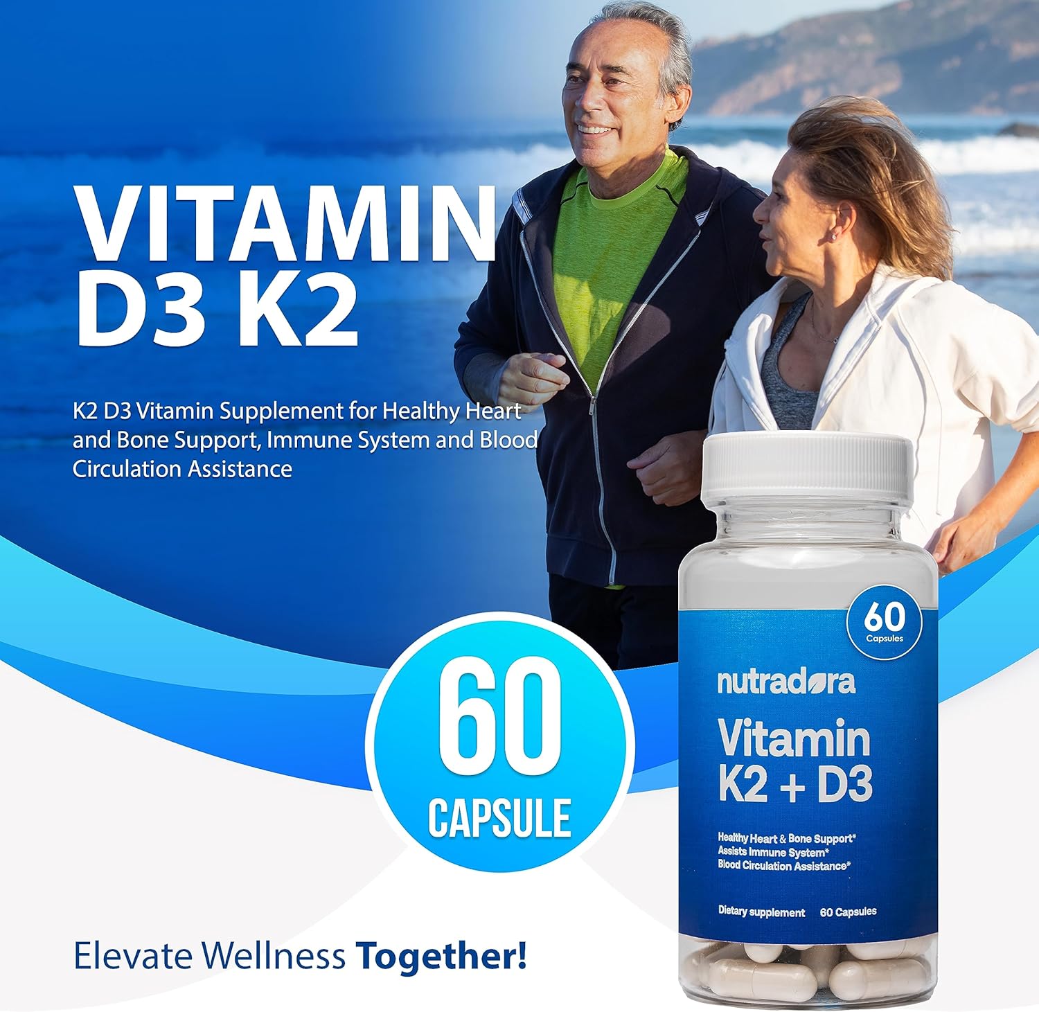 Vitamin D3 K2 Capsules for Men and Women - Heart and Bone Support Supplement - 60 Veggie Capsules from Nutradora