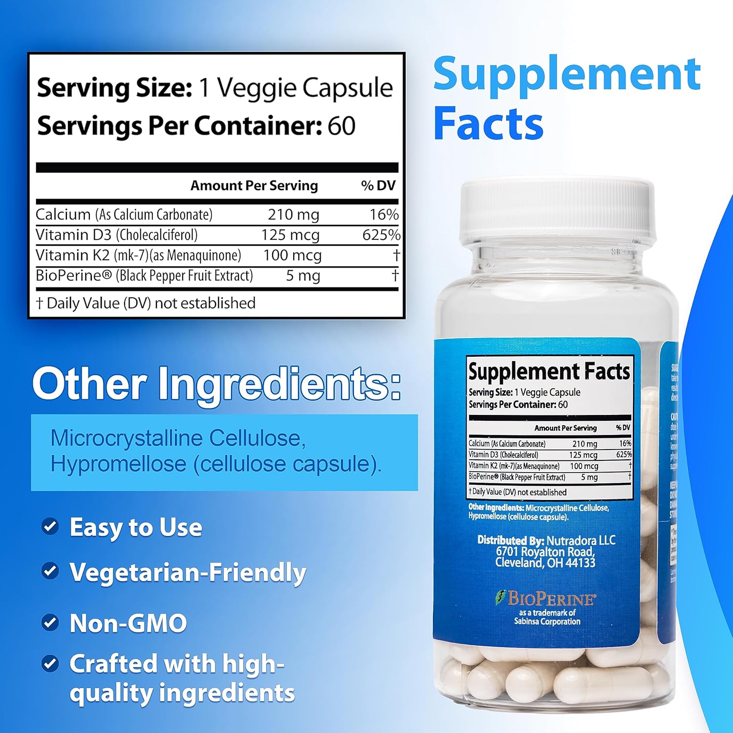 Vitamin D3 K2 Capsules for Men and Women - Heart and Bone Support Supplement - 60 Veggie Capsules from Nutradora