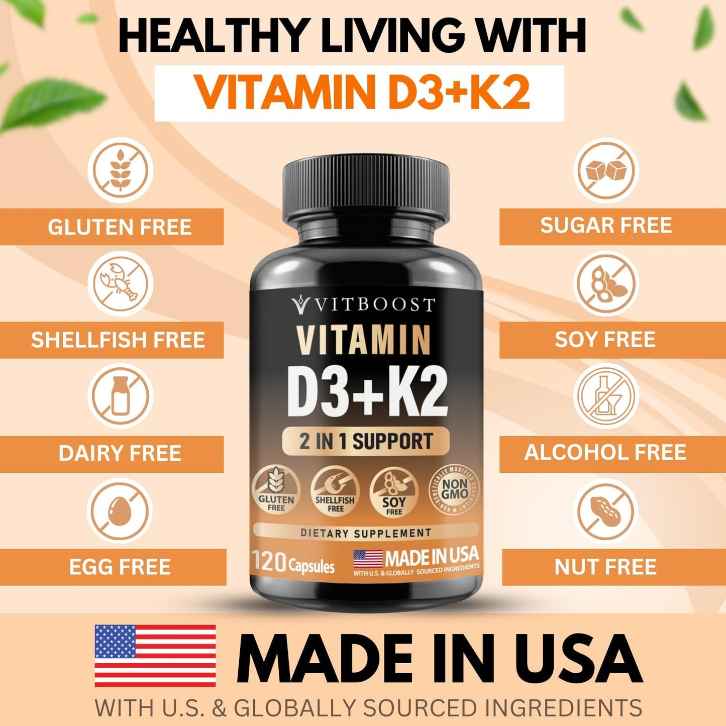 Vitamin D3 K2 Complex 5000 IU - Easy Swallow Capsules - Non-GMO & Gluten-Free - USA Made - 120 Count