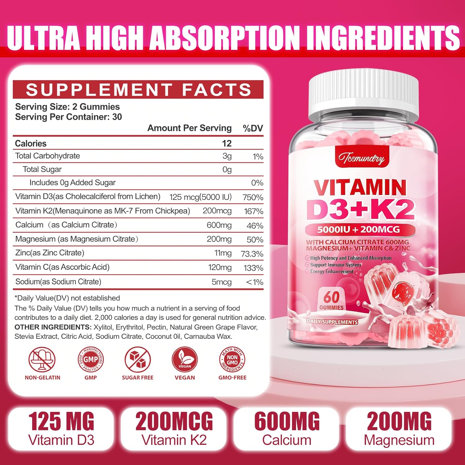 Vitamin D3 K2 Gummies for Adults - 5000 IU D3 + 200 mcg K2 - Calcium, Magnesium, Zinc, Vitamin C - Supports Bone, Muscle, Immune Health for Men and Women