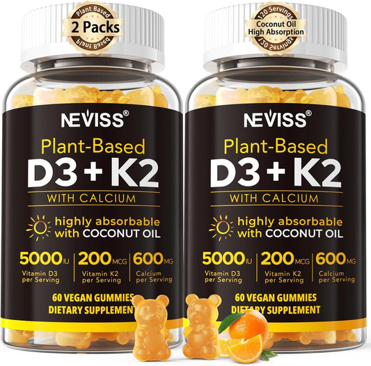 Vitamin D3 & K2 Gummies with Calcium and Coconut Oil - 5000iu D3, 200mcg K2, 600mg Calcium - Bone, Muscle, Teeth, Immune Support - Vegan - 2 Pack