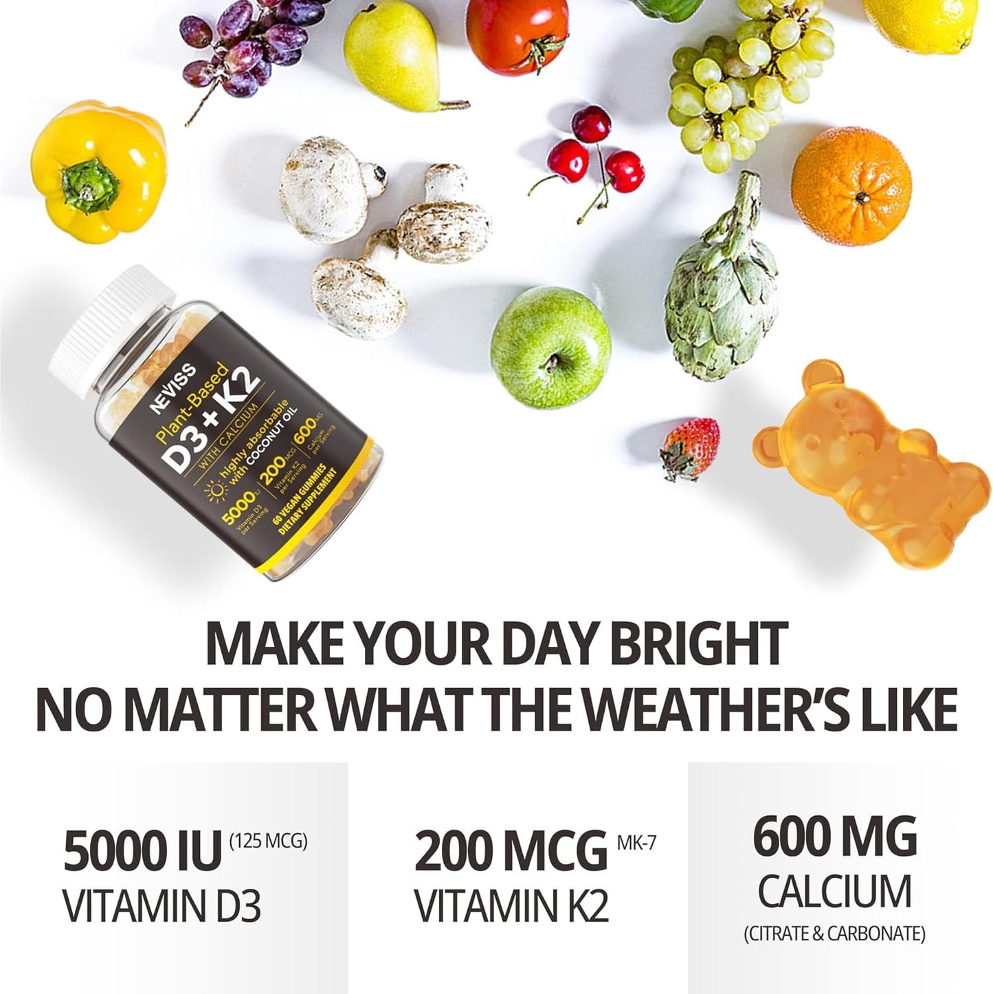 Vitamin D3 K2 Gummies with Glutathione 180 Count - Immune Support and Antioxidant Boost - NEVISS