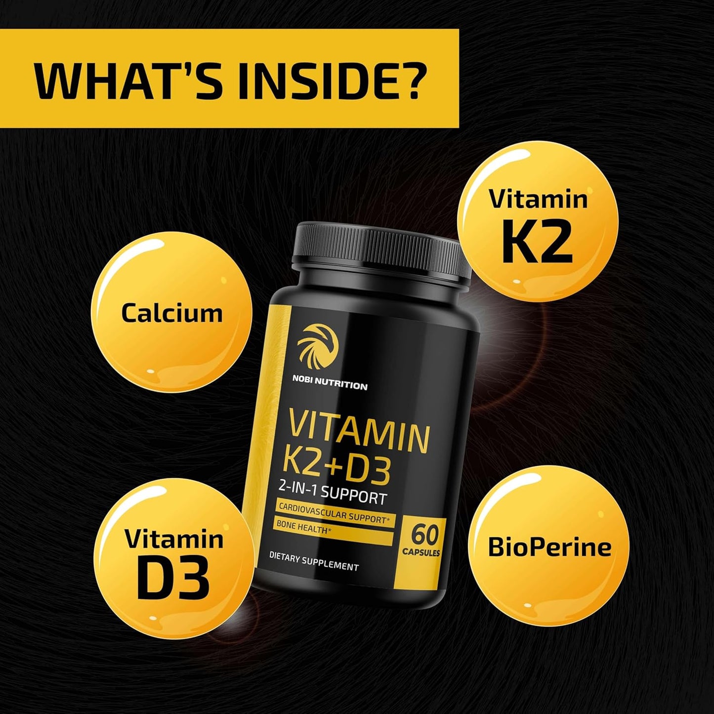 Vitamin D3 K2 Immune System Support Supplement 5000 IU | Strong Bones & Teeth | Vit D3 125mcg, Vitamin K2 MK7 100mcg, Calcium 210mg & BioPerine | Non-GMO | 60 Capsules