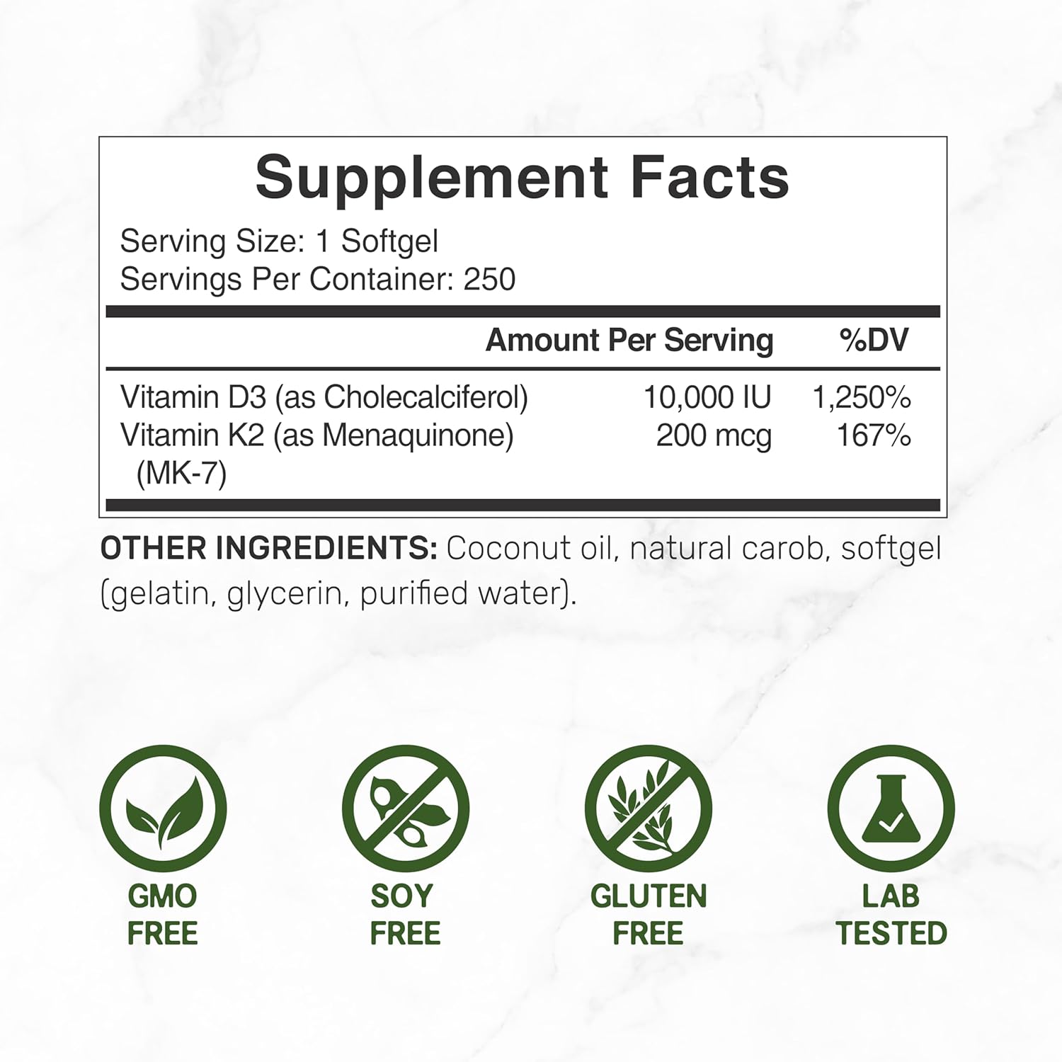 Vitamin D3 + K2 MK7 Softgels with Coconut Oil - 10,000 IU + 200 mcg, Heart & Bone Health Support, 250 Count