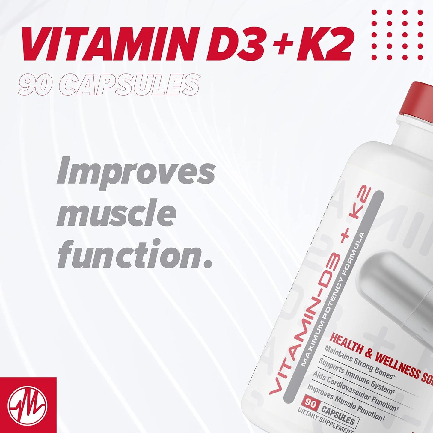 Vitamin D3 + K2 Supplement for Bone, Heart Health & Immune Support - 90 Veggie Capsules, 7000IU Dose