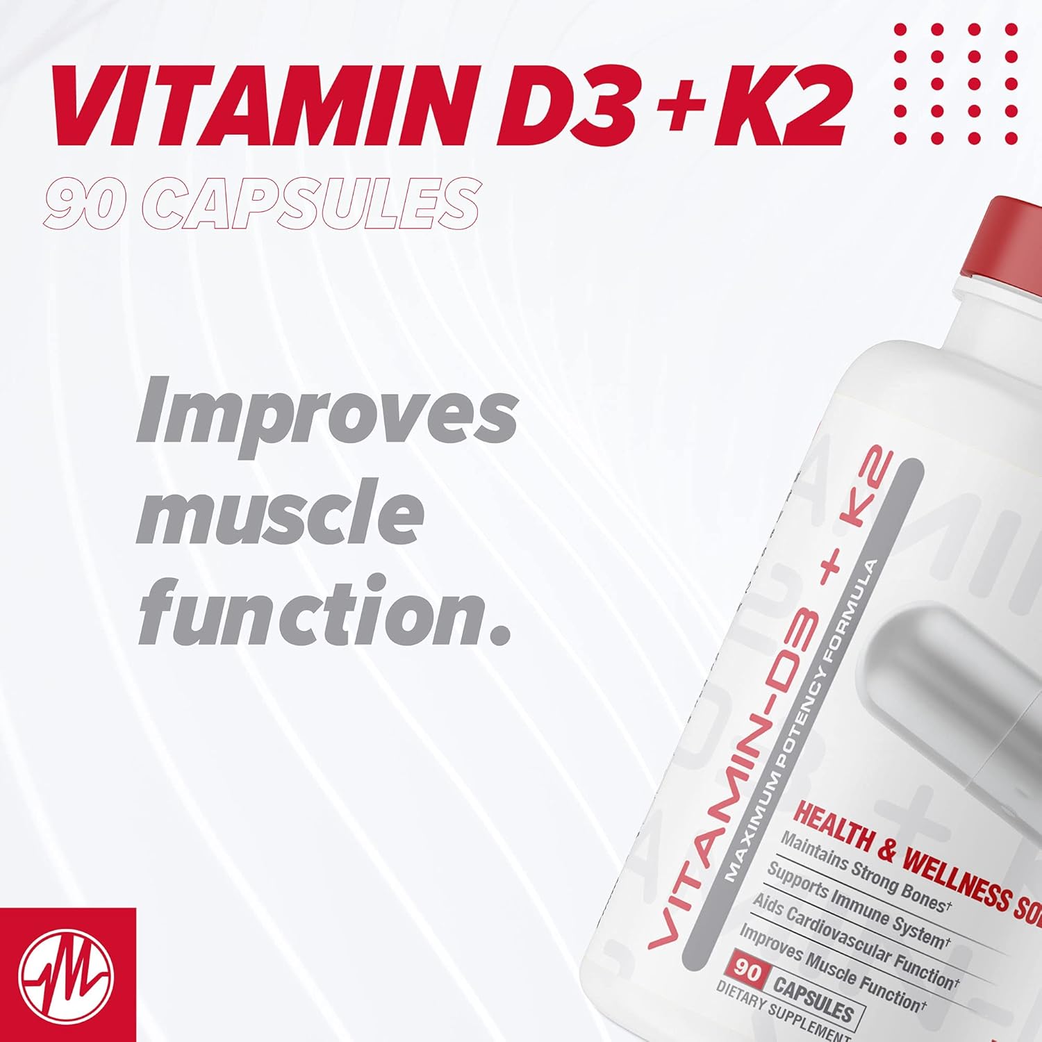Vitamin D3 + K2 Supplement for Bone, Heart Health & Immune Support - 90 Veggie Capsules, 7000IU Dose