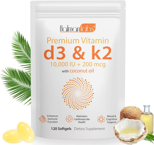 Vitamin D3 K2 Supplement Softgel with 10,000 IU VIT D3 + 200 MCG Vitamin K2 - 120 Softgels with Coconut Oil - GMO-Free