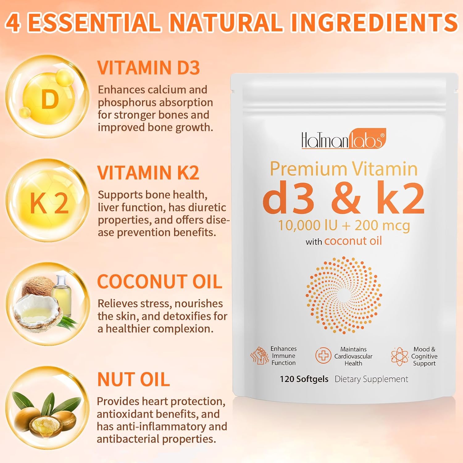 Vitamin D3 K2 Supplement Softgel with 10,000 IU VIT D3 + 200 MCG Vitamin K2 - 120 Softgels with Coconut Oil - GMO-Free