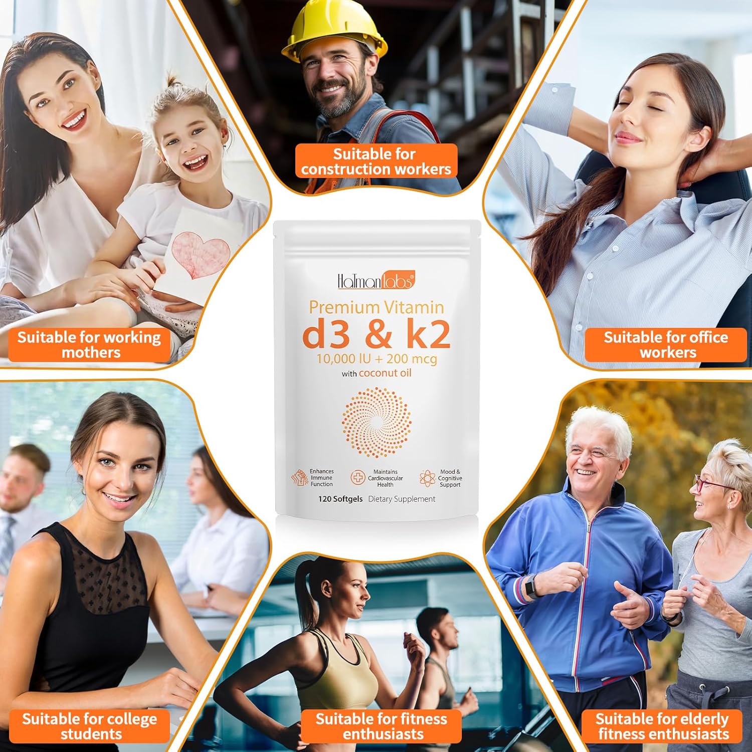 Vitamin D3 K2 Supplement Softgel with 10,000 IU VIT D3 + 200 MCG Vitamin K2 - 120 Softgels with Coconut Oil - GMO-Free
