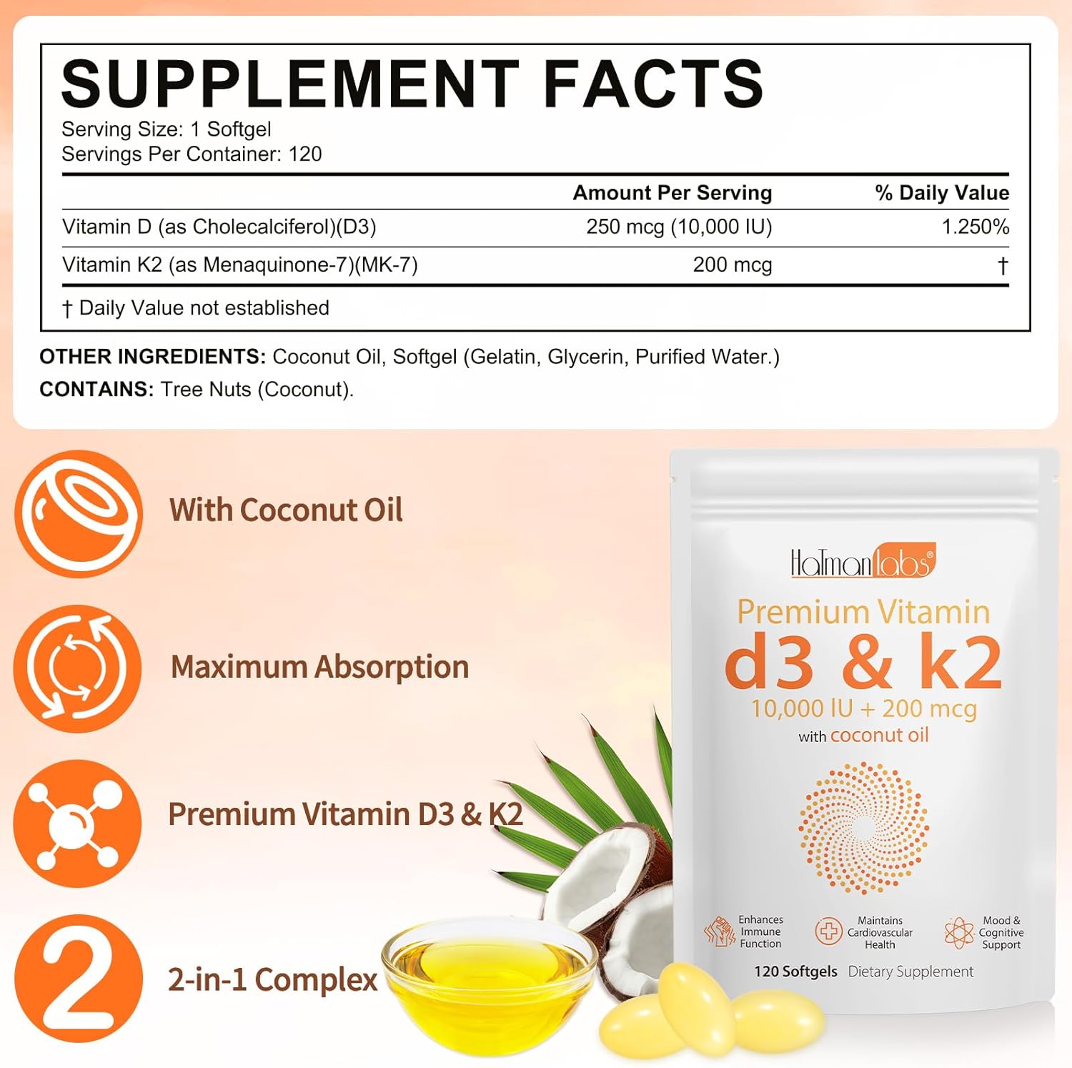 Vitamin D3 K2 Supplement Softgel with 10,000 IU VIT D3 + 200 MCG Vitamin K2 - 120 Softgels with Coconut Oil - GMO-Free