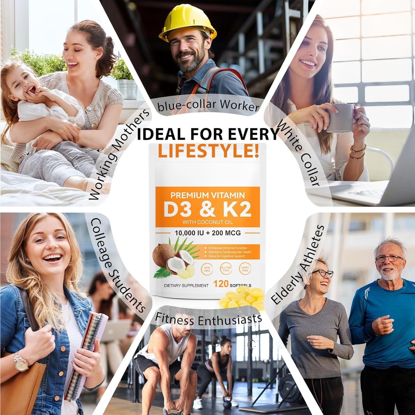 Vitamin D3 K2 Supplement with Coconut Oil for Muscle Bone Immune Support - 120 Softgels - 10000 IU D3, 200 mcg K2 - Non-GMO - Easy to Swallow