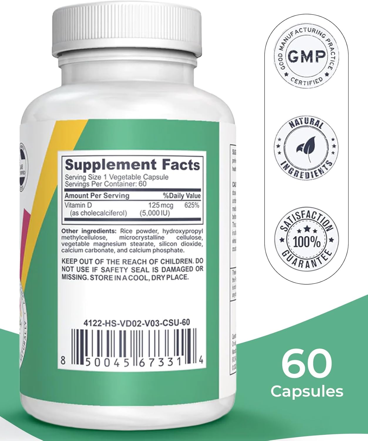 Vitamin D3 Supplement - 5000 IU Capsules for Bone, Teeth, Muscle, Heart, and Immune Health - Dairy and Soy-Free Formula