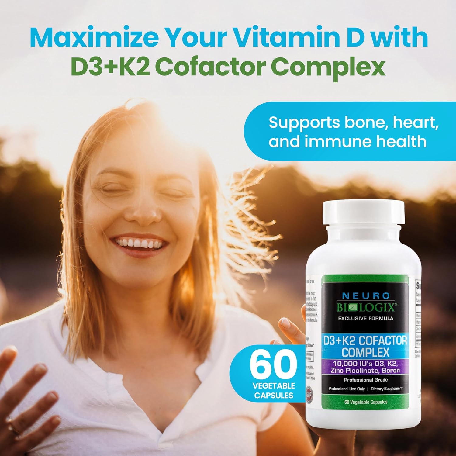 Vitamin D3+K2 Cofactor Complex with Zinc & Boron - Supports Bone, Heart, & Immune Health - 60 Capsules