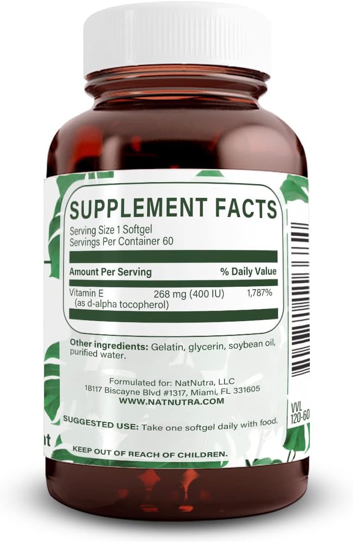 Vitamin E 400 IU Supplement for Skin, Hair, Nails, Heart Health - 60 Softgels by Natural Nutra
