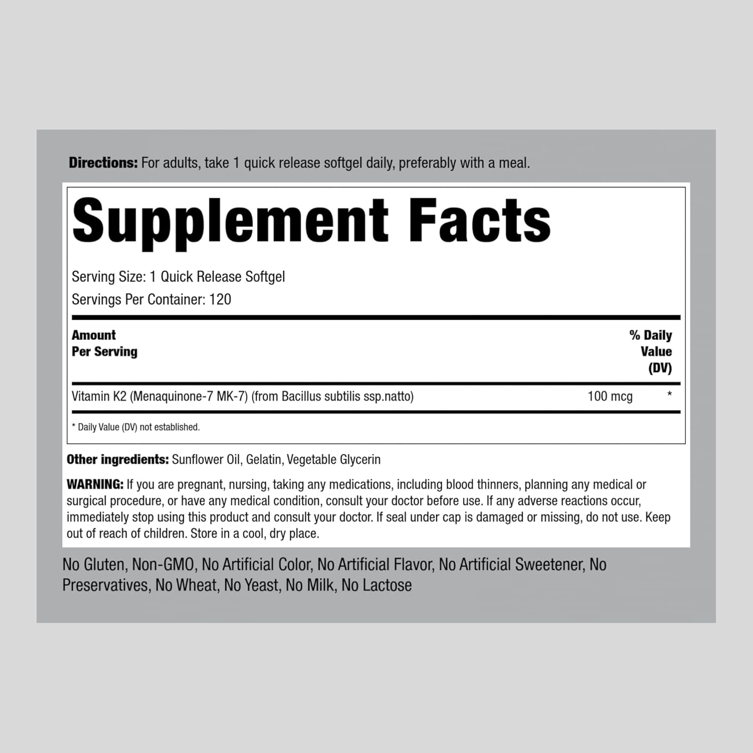 Vitamin K2 MK-7 100 mcg Softgels - 120 Count Non-GMO Gluten Free Supplement by Piping Rock