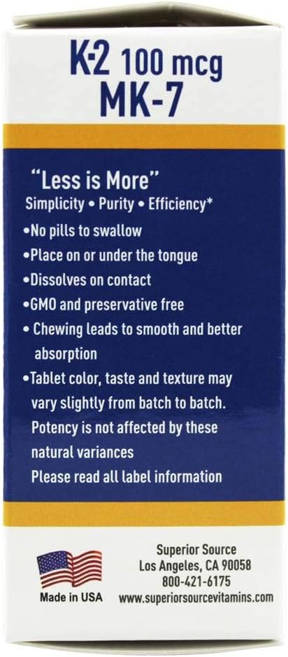 Vitamin K2 MK-7 100mcg Quick Dissolve Tablets, 60 Count, Bone & Artery Health, Immune & Heart Support