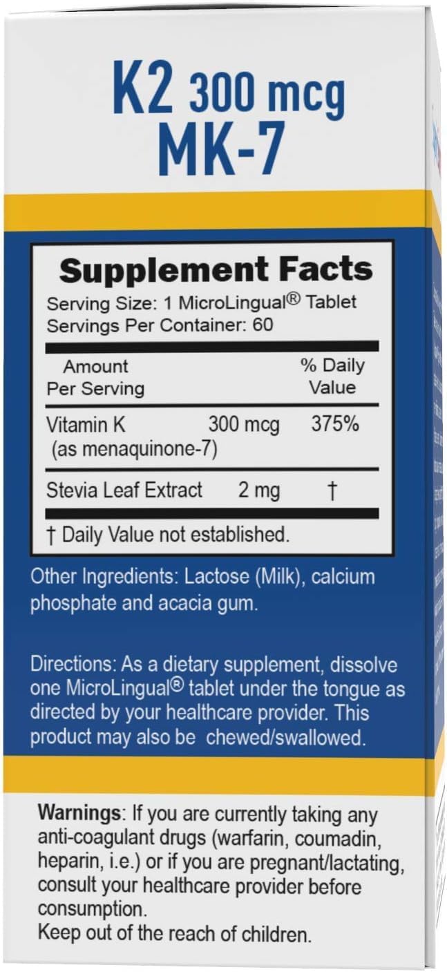 Vitamin K2 MK-7 300 mcg Quick Dissolve Tablets 60 ct Bone & Artery Health Immune Cardio Support Non-GMO