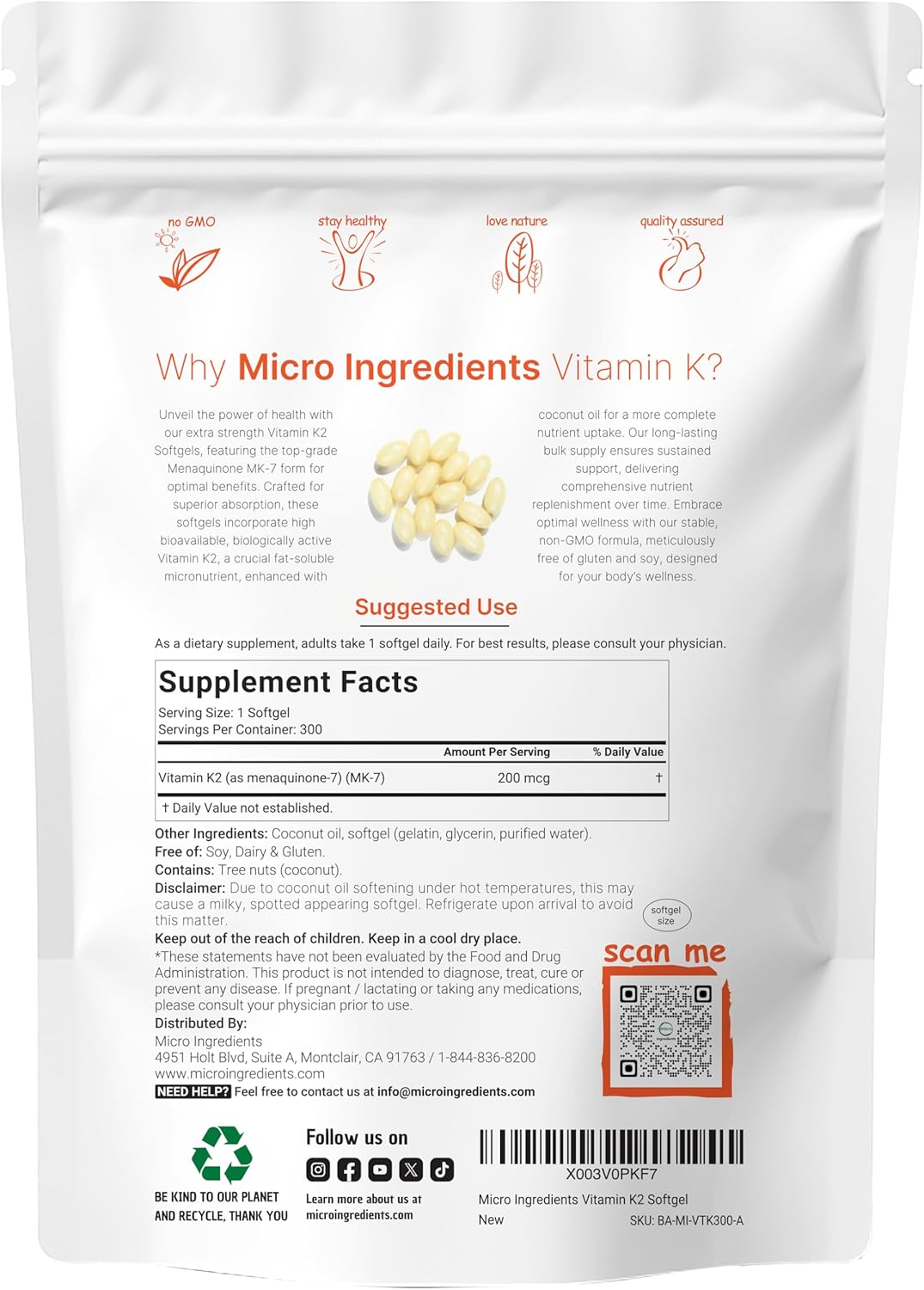 Vitamin K2 MK-7 Supplement with Coconut Oil Softgels for Immune, Joint, & Heart Support - 200 mcg Per Serving, Easily Absorbed Formula