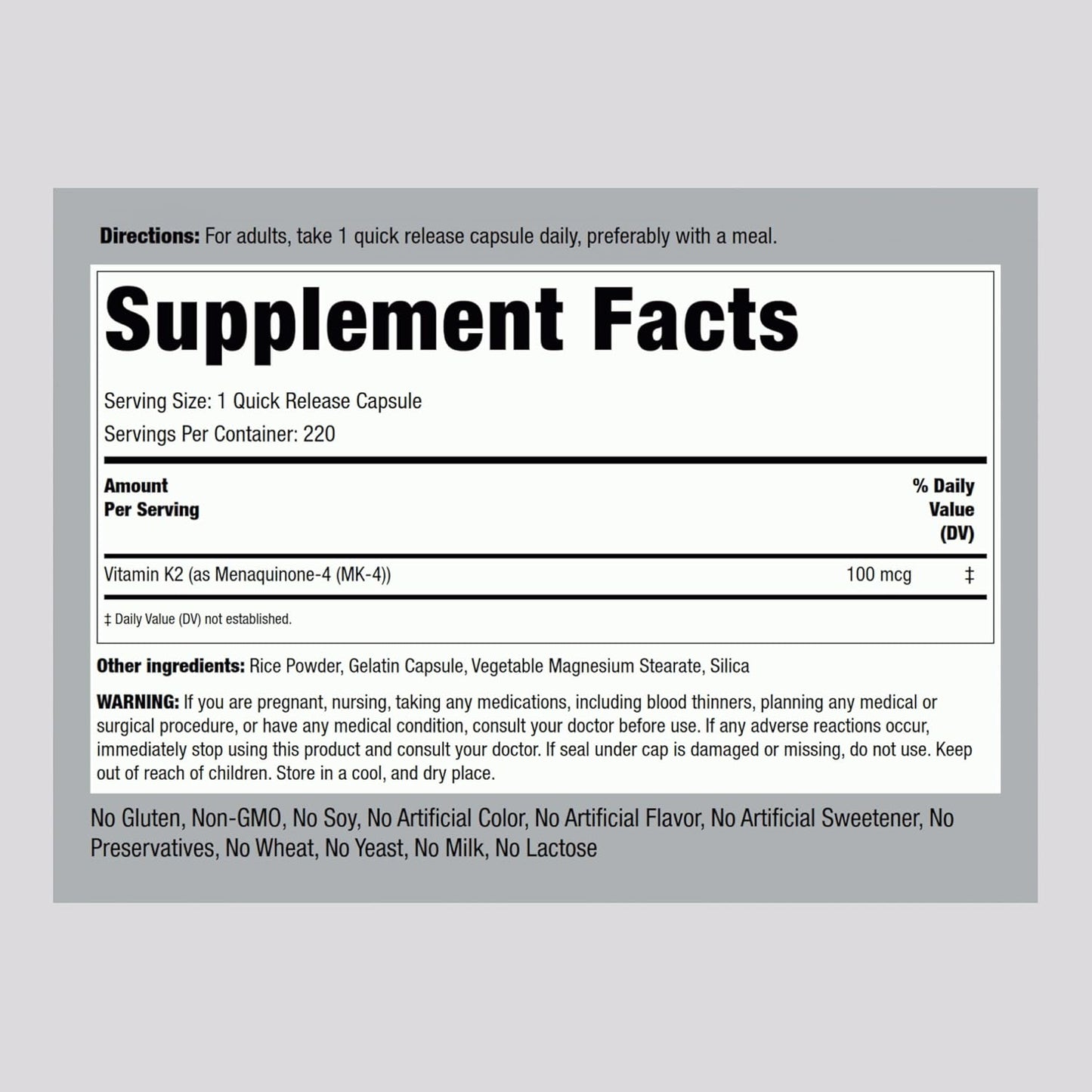 Vitamin K2 MK4 Supplement 100mcg - 220 Capsules - Non GMO & Gluten Free - Piping Rock