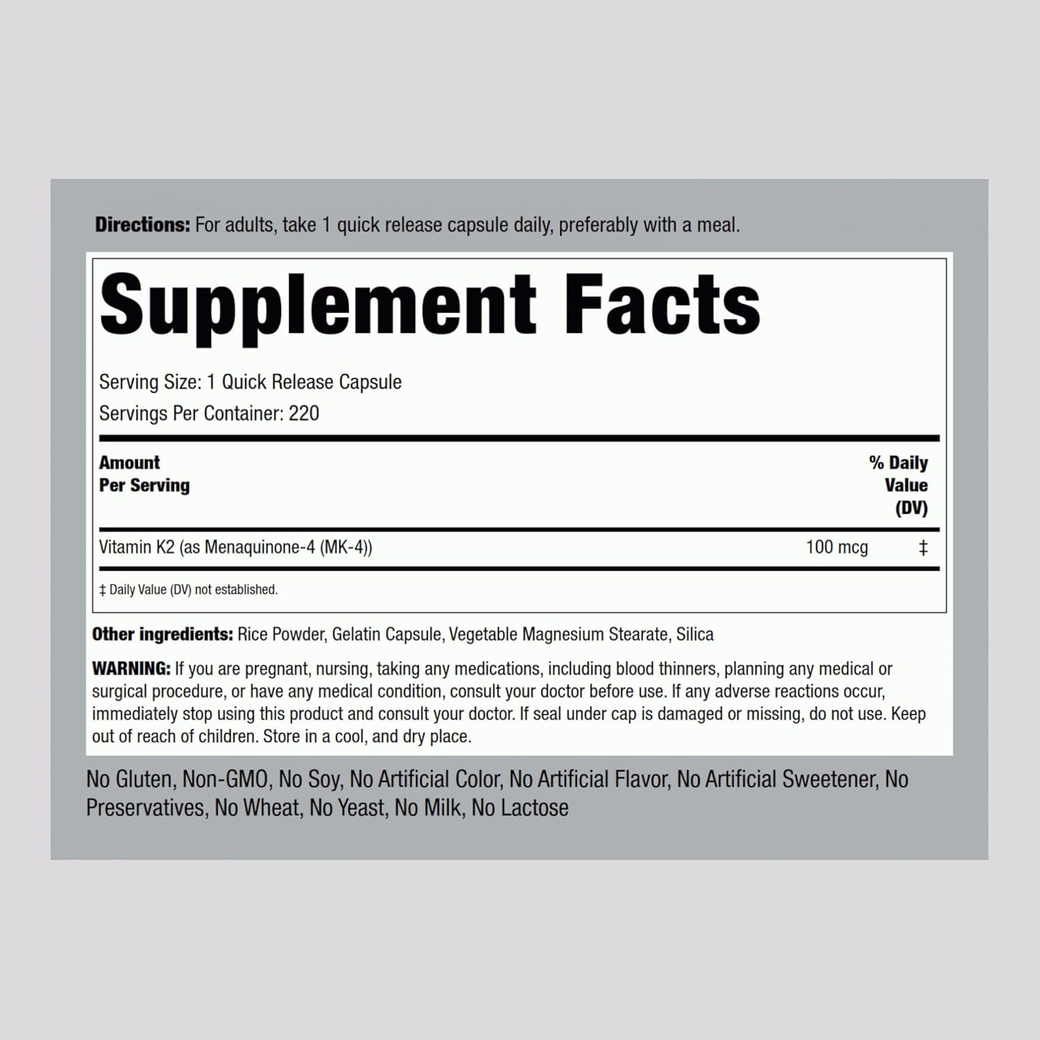 Vitamin K2 MK4 Supplement 100mcg - 220 Capsules - Non GMO & Gluten Free - Piping Rock