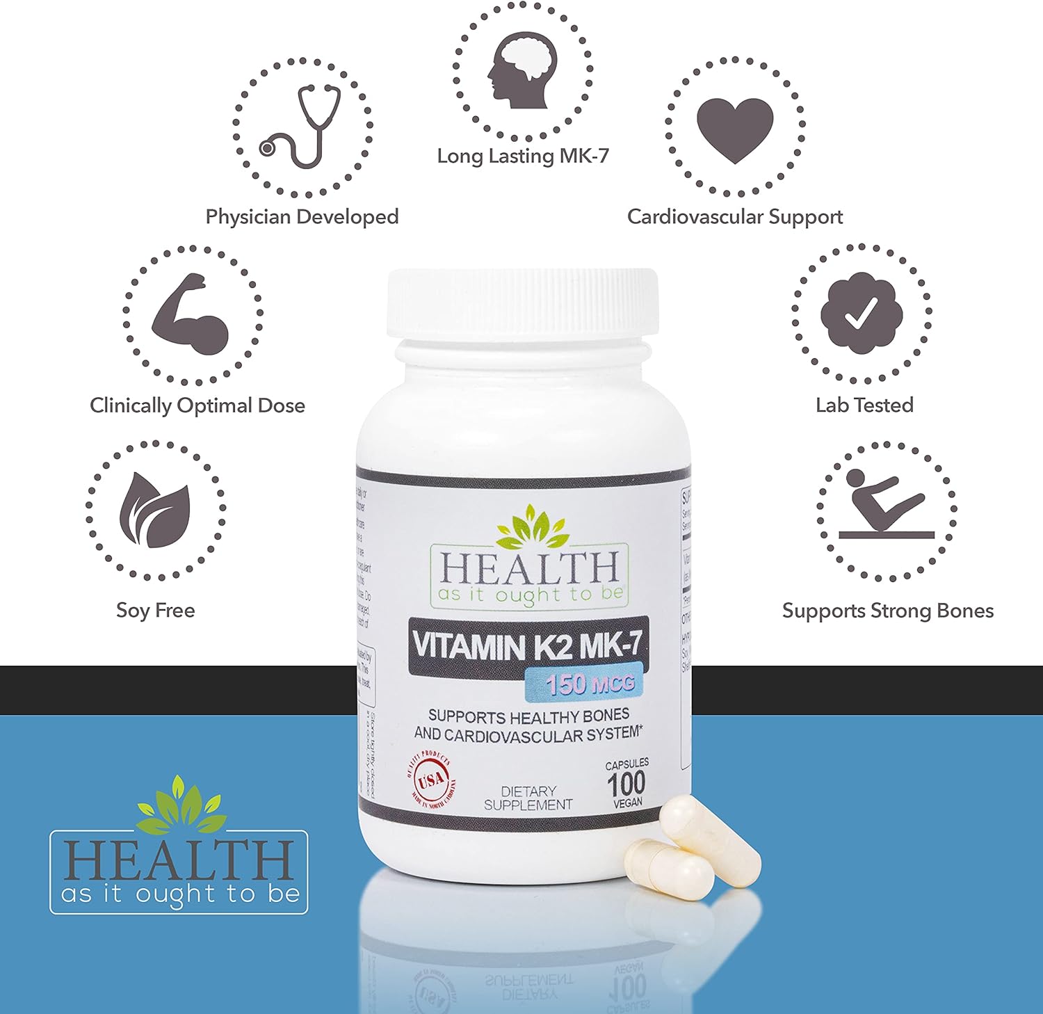 Vitamin K2 MK7 150mcg Supplement for Optimal Health | Supports Vitamin D | Soy Free | High Purity | 100 Capsules