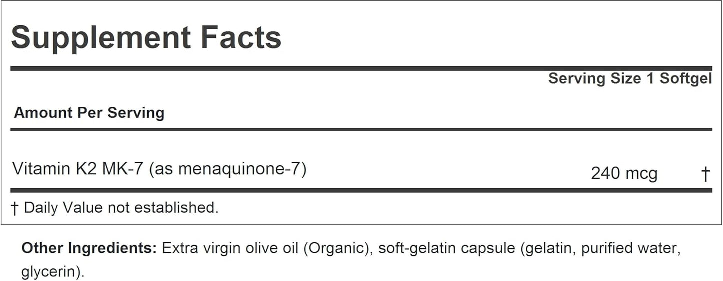 Vitamin K2 MK7 240 mcg Softgels - Supports Calcium Utilization for Skeletal, Heart, and Arterial Health - No Additives